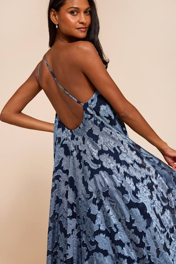 Deja Navy Floral Jacquard One-Shoulder Shift Midi Dress