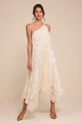 Deja Ivory Floral Jacquard One-Shoulder Shift Midi Dres