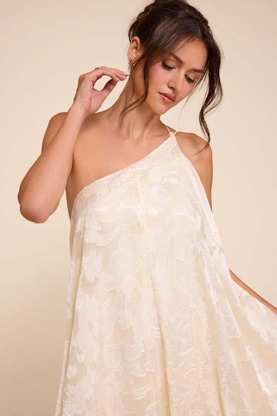 Deja Ivory Floral Jacquard One-Shoulder Shift Midi Dres