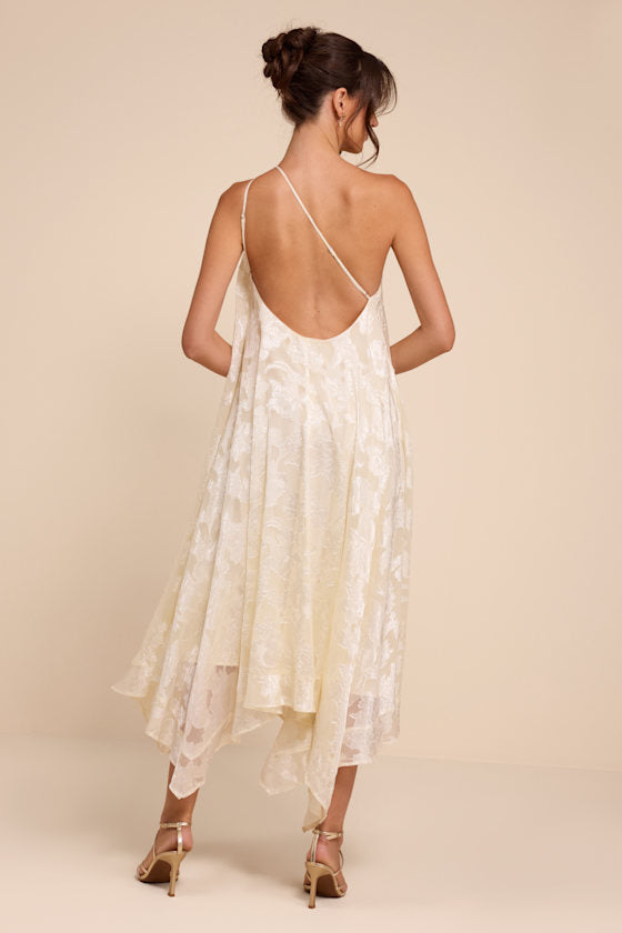 Deja Ivory Floral Jacquard One-Shoulder Shift Midi Dres