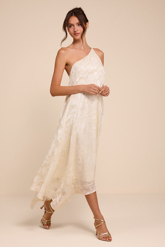 Deja Ivory Floral Jacquard One-Shoulder Shift Midi Dres