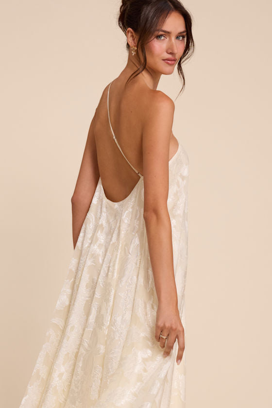 Deja Ivory Floral Jacquard One-Shoulder Shift Midi Dres