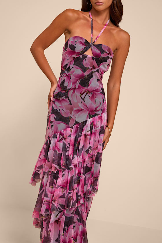 Donella Black Multi Floral Mesh Ruffled Maxi Dress