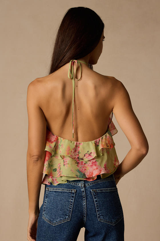 Nolia Light Green Multi Floral Tiered Halter Top
