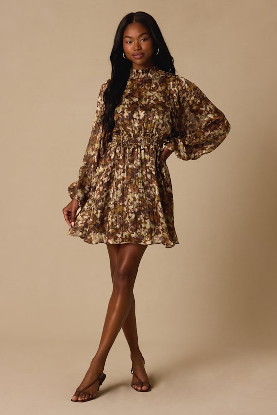 Andie Brown Multi Abstract Floral Mock Neck Mini Dress
