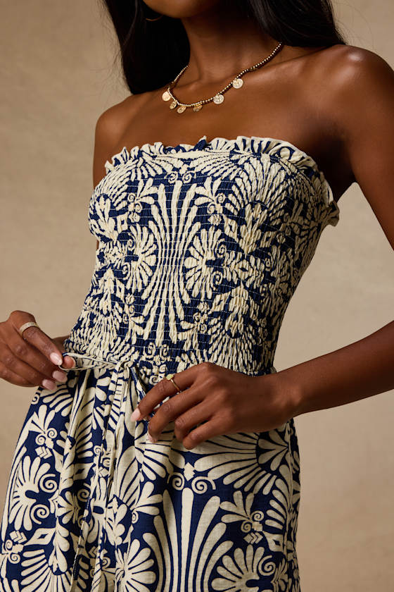 Chelsie Navy Boho Print Smocked Romper