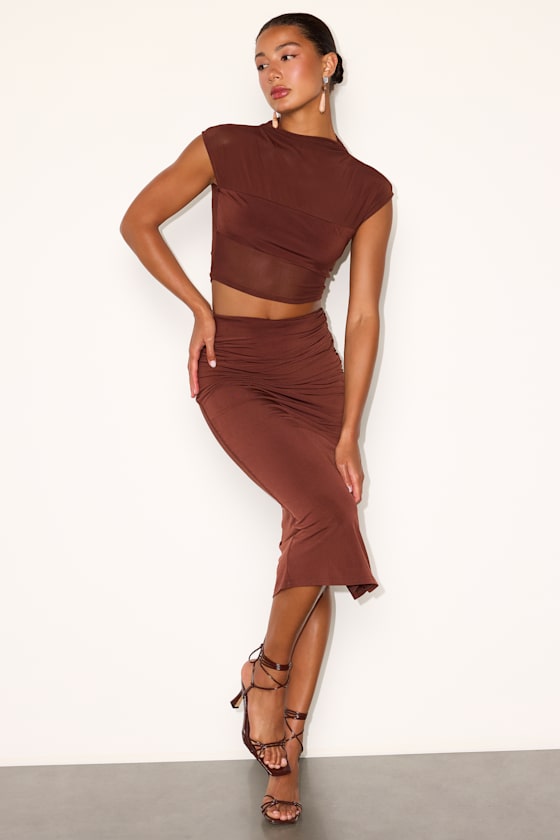 Kiara Brown Mesh Two-Piece Midi Dress