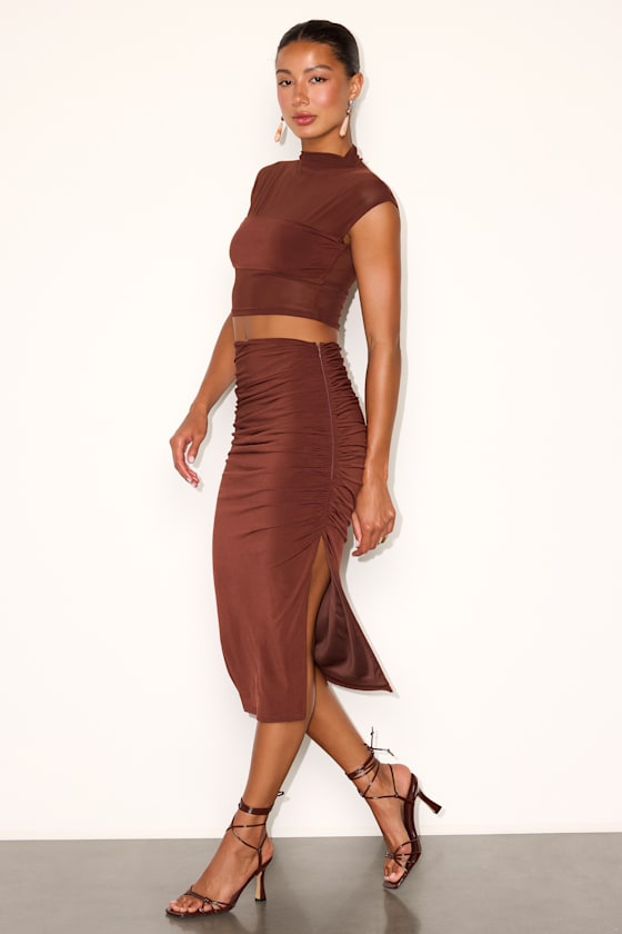 Kiara Brown Mesh Two-Piece Midi Dress