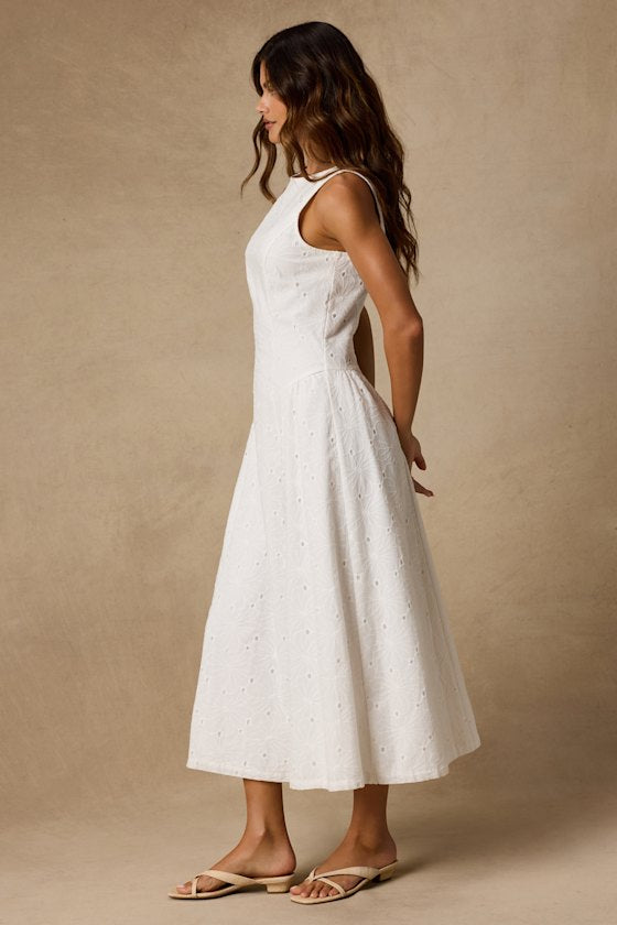 Dandelion White Eyelet Embroidered Drop Waist Midi Dress