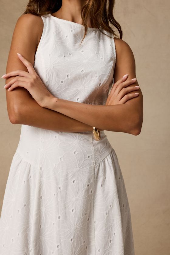 Dandelion White Eyelet Embroidered Drop Waist Midi Dress