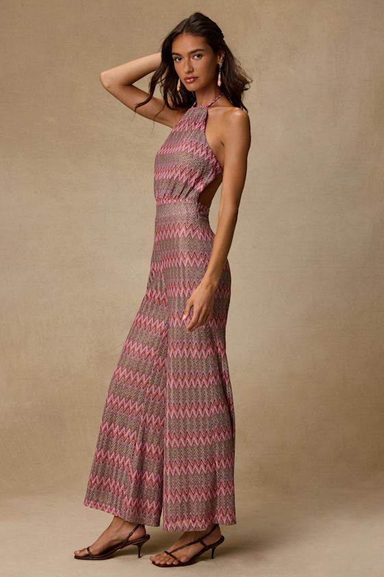Shar Pink Multi Crochet Knit Backless Jumpsuit