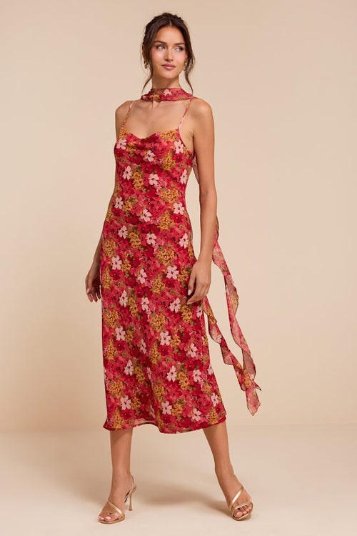 Rosetta Red Multi Floral Midi Dress and Scarf Set