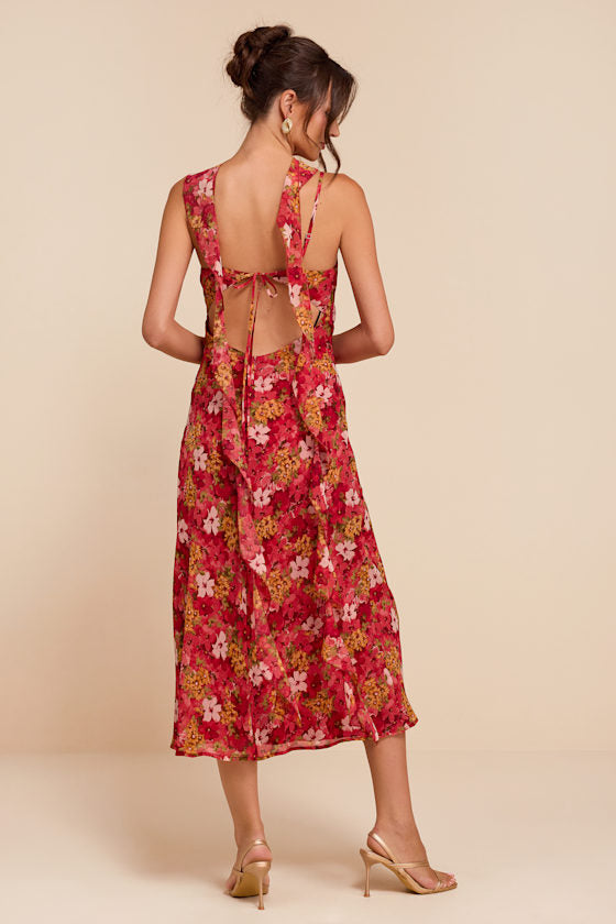 Rosetta Red Multi Floral Midi Dress and Scarf Set