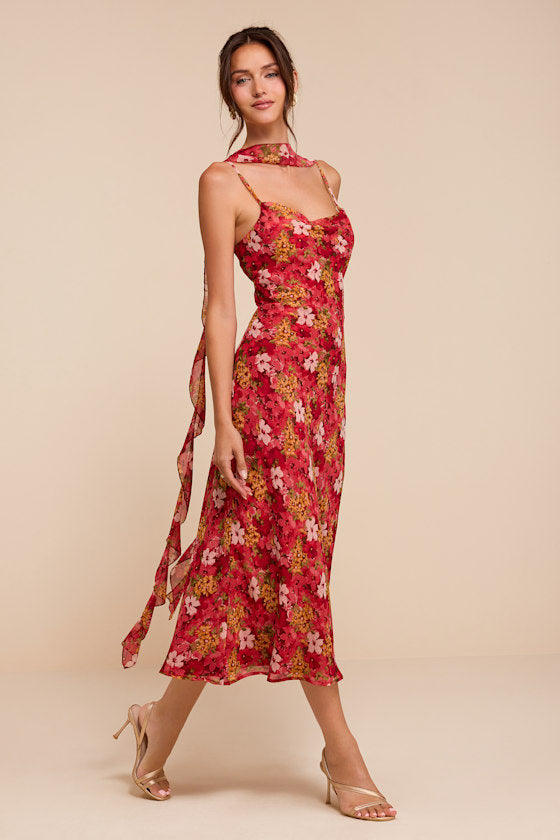 Rosetta Red Multi Floral Midi Dress and Scarf Set