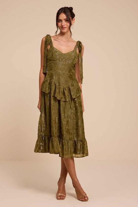 Elethea Olive Floral Jacquard Tie-Strap Midi Dress
