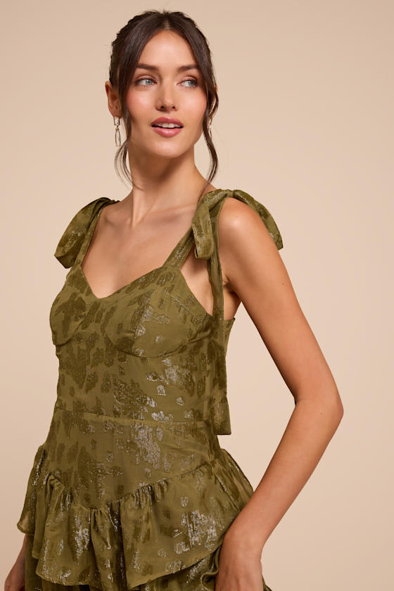 Elethea Olive Floral Jacquard Tie-Strap Midi Dress