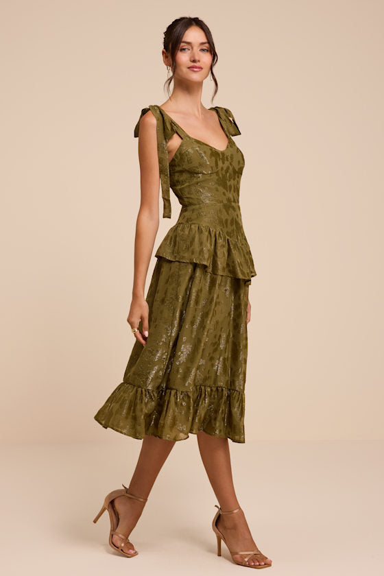 Elethea Olive Floral Jacquard Tie-Strap Midi Dress