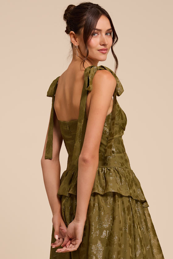 Elethea Olive Floral Jacquard Tie-Strap Midi Dress