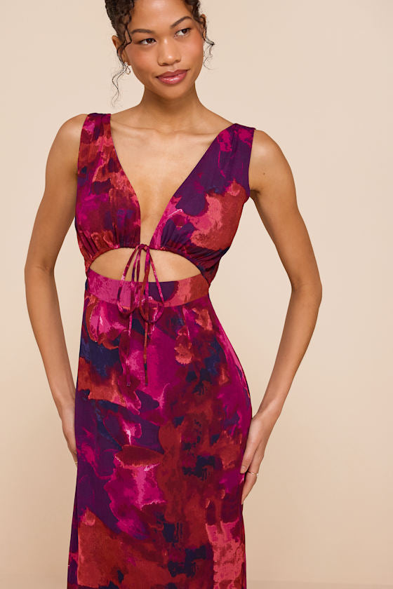 Nyasia Magenta Multi Abstract Tie-Front Midi Dress