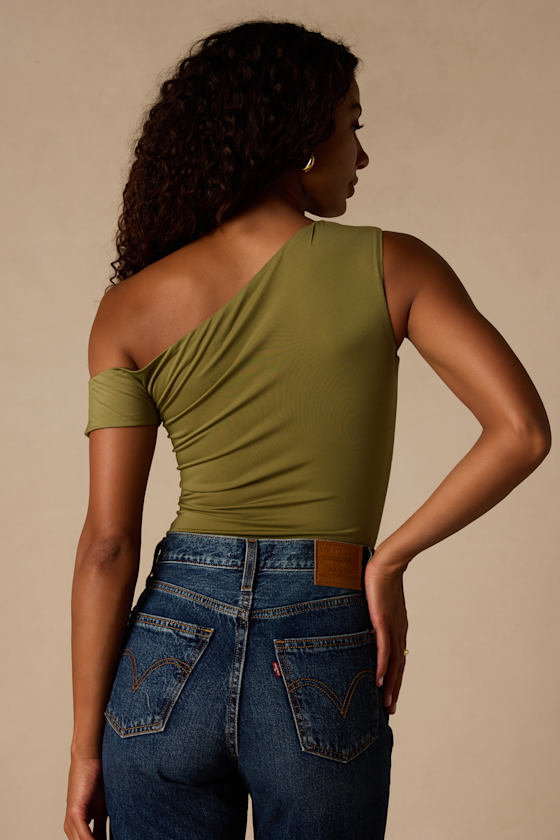 Lulah Olive Green Slinky Knit Asymmetrical Bodysuit