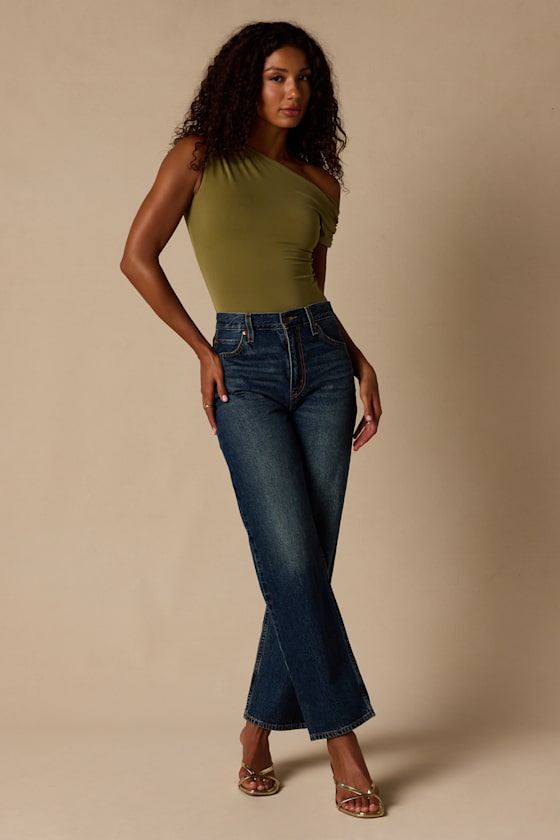Lulah Olive Green Slinky Knit Asymmetrical Bodysuit