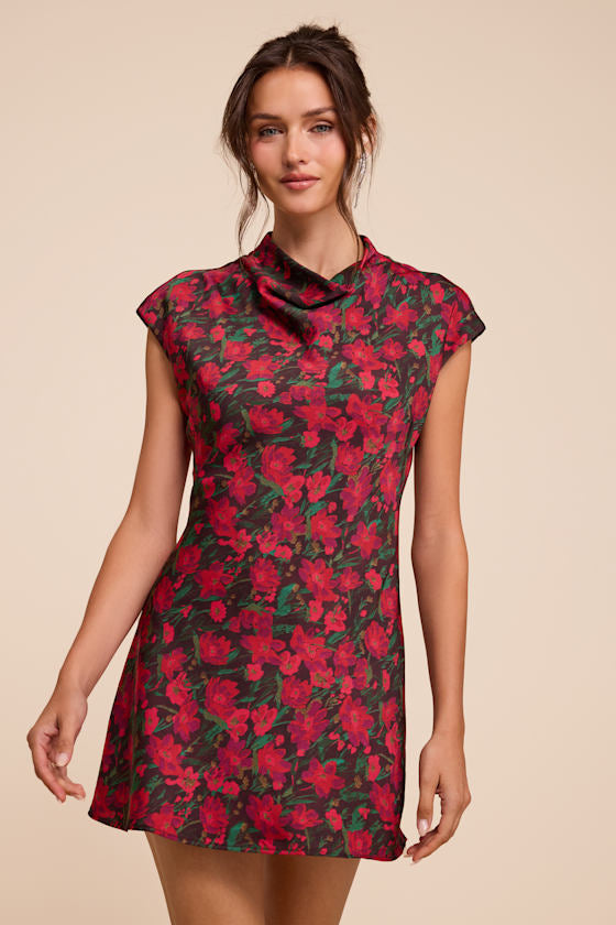 Ariya Red Multi Floral Satin Mock Neck Mini Dress