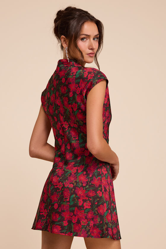 Ariya Red Multi Floral Satin Mock Neck Mini Dress
