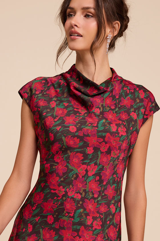Ariya Red Multi Floral Satin Mock Neck Mini Dress