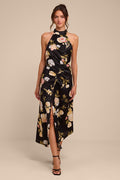 Celinda Black Multi Floral Satin Halter Midi Dress