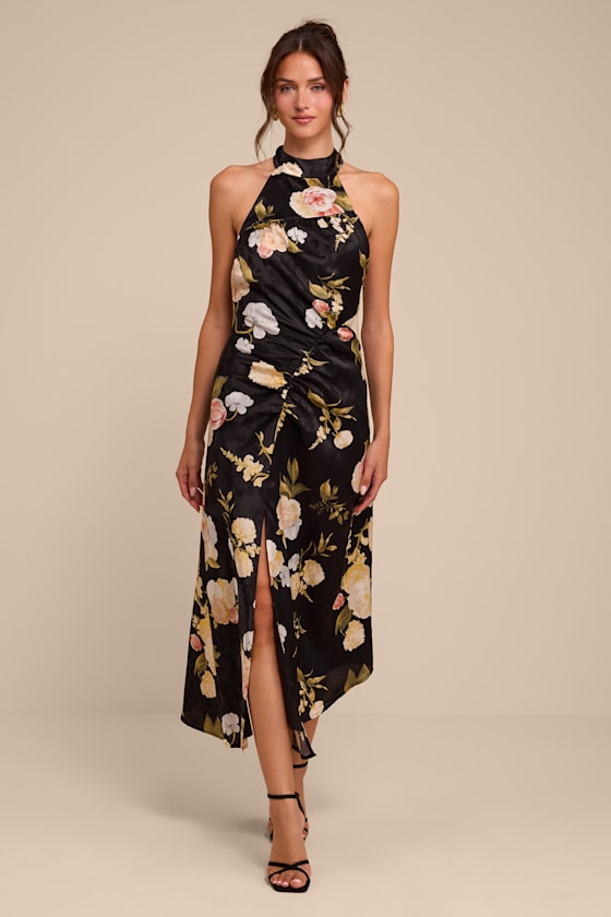 Celinda Black Multi Floral Satin Halter Midi Dress
