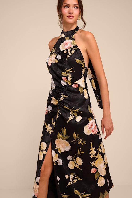 Celinda Black Multi Floral Satin Halter Midi Dress