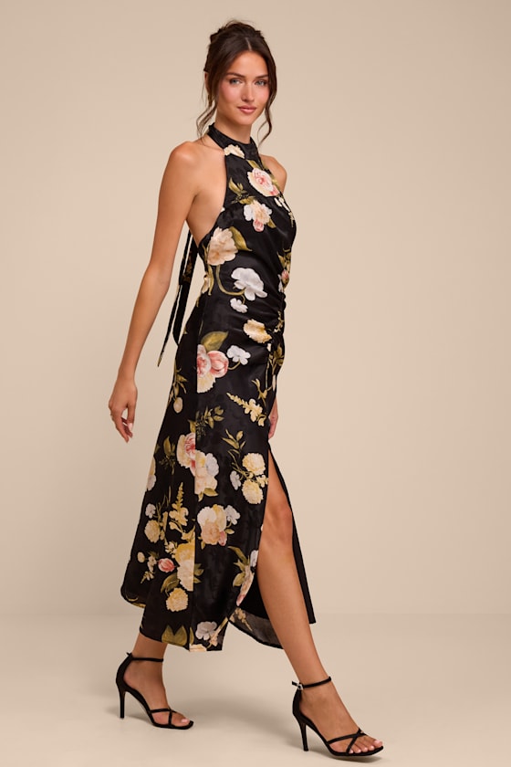 Celinda Black Multi Floral Satin Halter Midi Dress