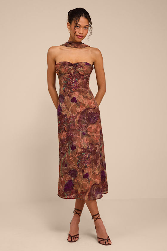 Aviva Brown Multi Jacquard Backless Scarf Midi Dress