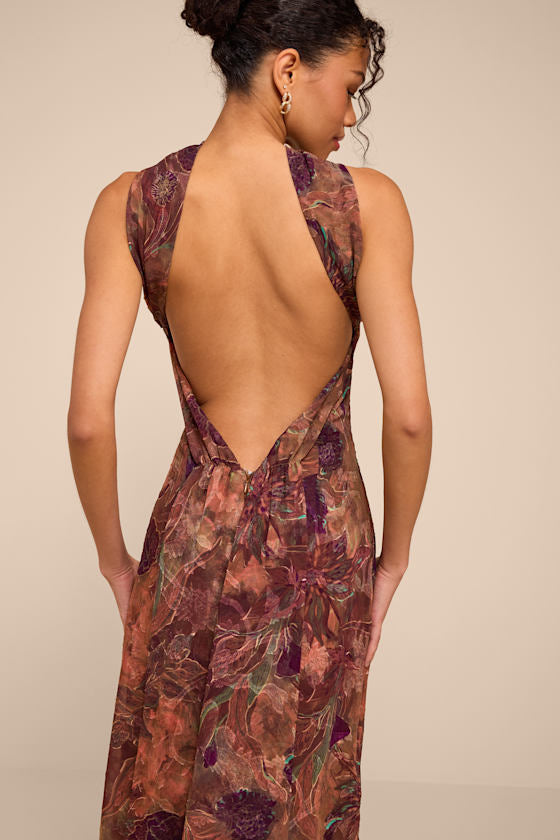 Aviva Brown Multi Jacquard Backless Scarf Midi Dress