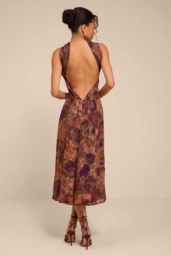 Aviva Brown Multi Jacquard Backless Scarf Midi Dress