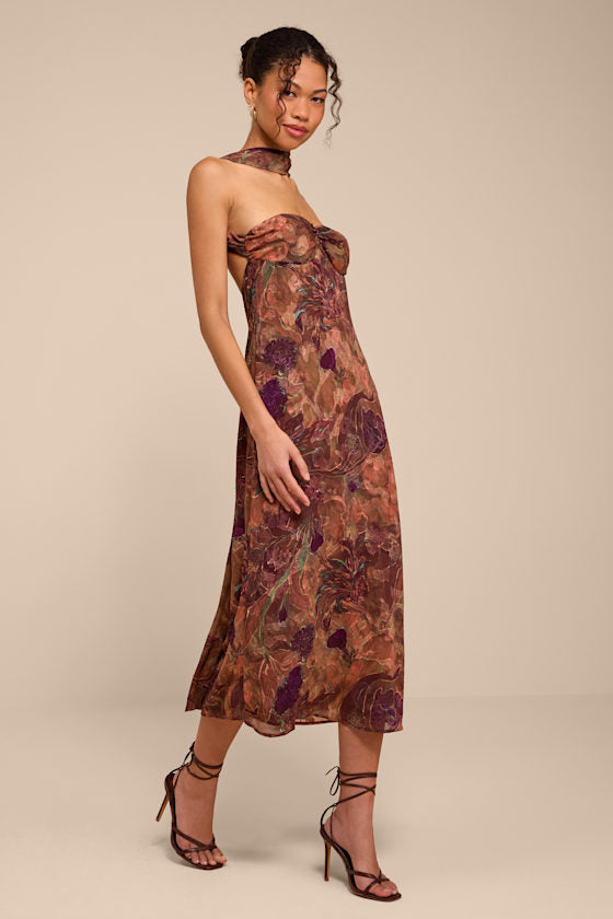 Aviva Brown Multi Jacquard Backless Scarf Midi Dress