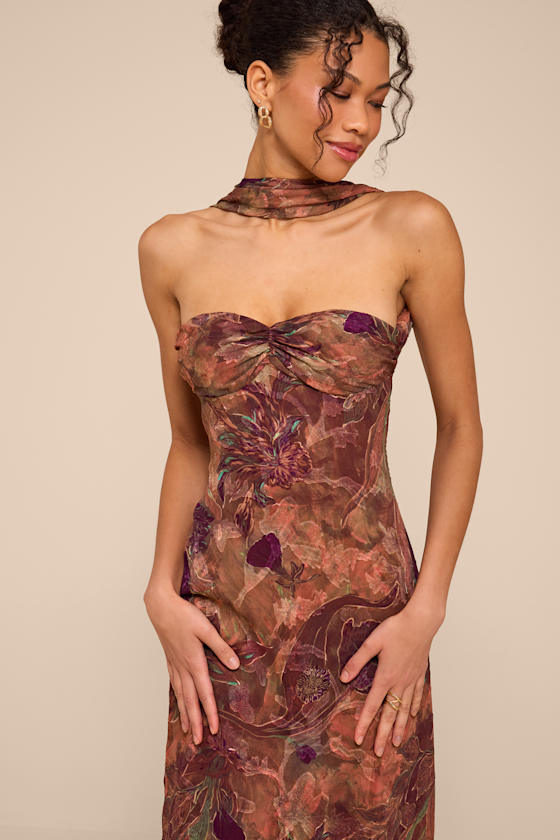 Aviva Brown Multi Jacquard Backless Scarf Midi Dress