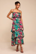 Nia Teal Multi Jacquard Organza Tiered Midi Dress