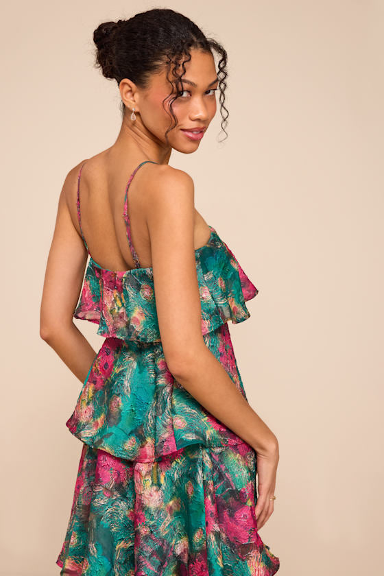 Nia Teal Multi Jacquard Organza Tiered Midi Dress