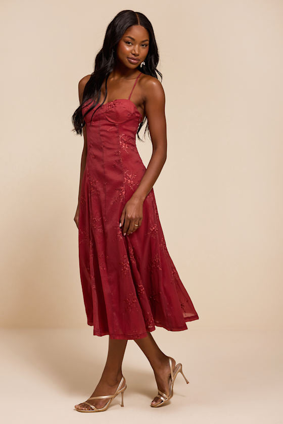 Ailene Red Embroidered Bustier Midi Dress