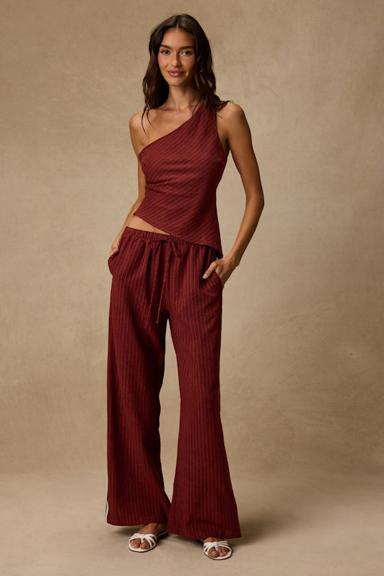 Ives Rust Red Pinstriped Asymmetrical Top
