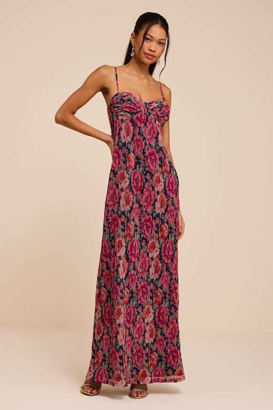 Kendlyn Navy Multi Floral Plisse Maxi Dress