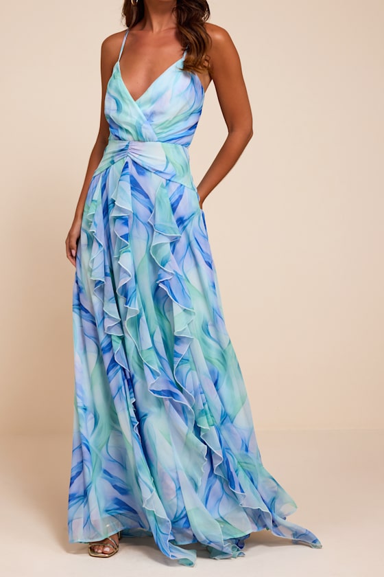 Astraea Light Blue Abstract Surplice Ruffled Maxi Dress