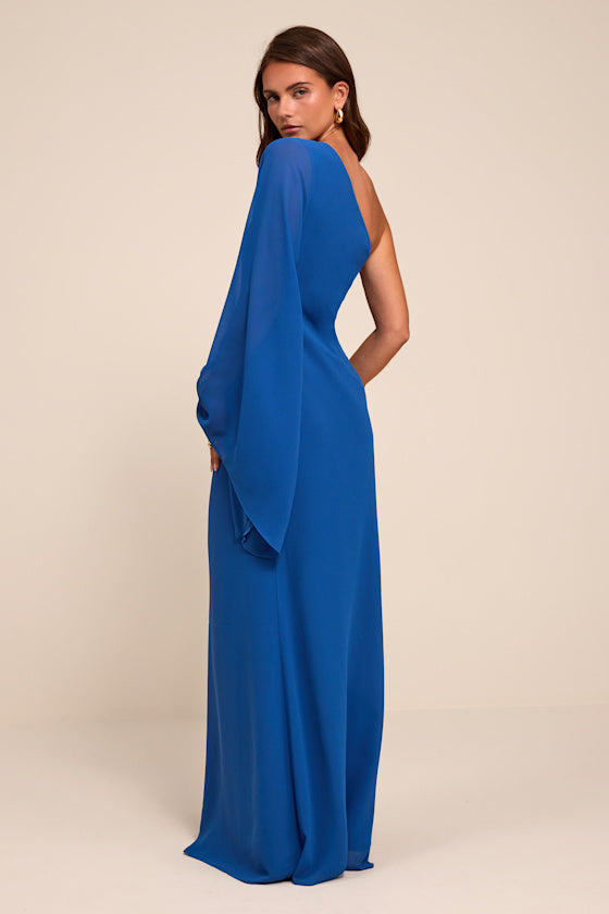 Elizabeth Blue One-Shoulder Bell Sleeve Maxi Dress