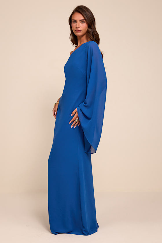Elizabeth Blue One-Shoulder Bell Sleeve Maxi Dress