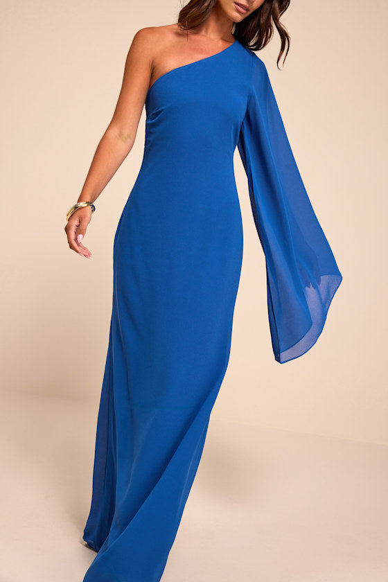 Elizabeth Blue One-Shoulder Bell Sleeve Maxi Dress