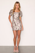 So Stunning Sage Multi Floral Jacquard Puff Sleeve Mini Dress