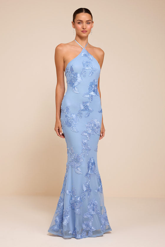 Celyna Light Blue Mesh Floral Applique Maxi Dress