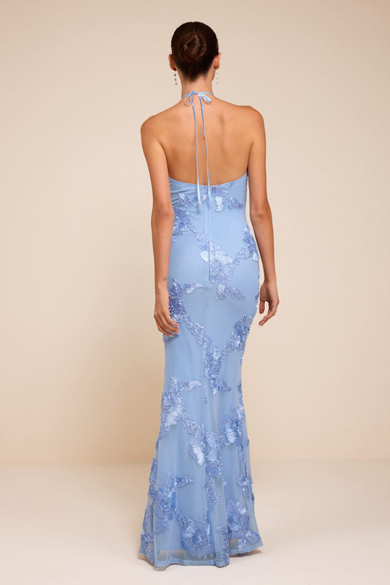 Celyna Light Blue Mesh Floral Applique Maxi Dress