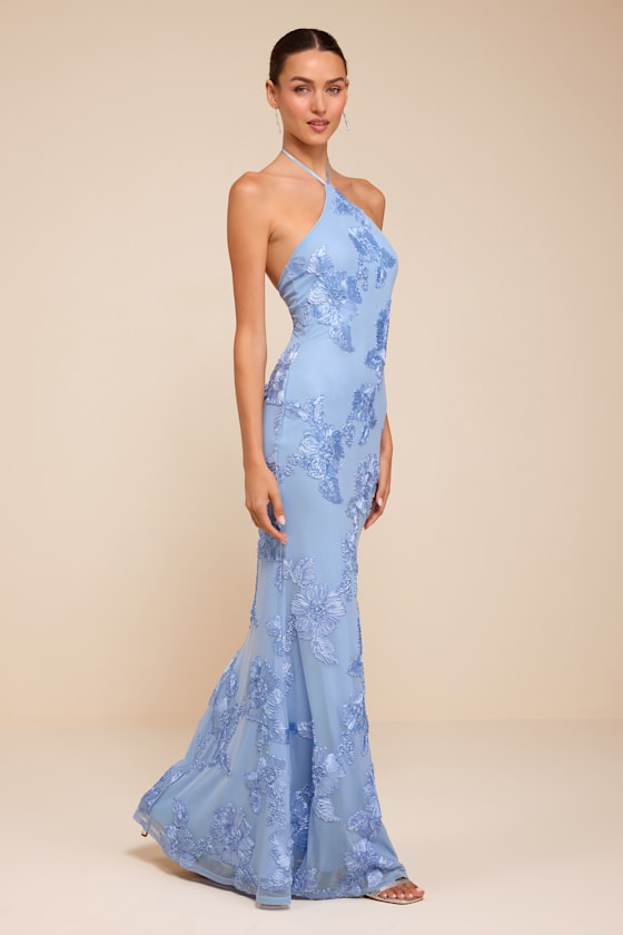Celyna Light Blue Mesh Floral Applique Maxi Dress